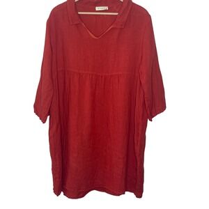 STARK X Women's Red‎ Linen Tunic Dress Smocked Bodice Collar V Neck 3/4 Sleeve